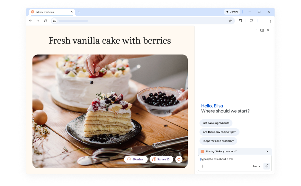 A pop-up over a cake recipe webpage asks how Gemini in Chrome can help. The feature is on both desktop and mobile.