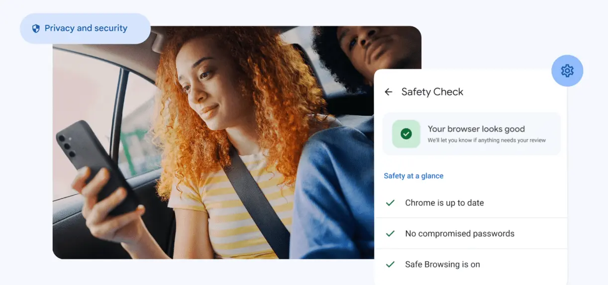 A woman looks at her phone. Elements say “Privacy and Security” with an alert about compromised passwords.