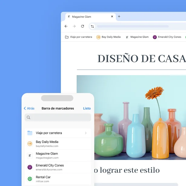La barra de favoritos de Chrome en la pantalla de una computadora de escritorio y un teléfono celular