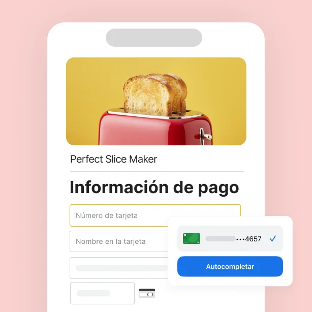 En la pantalla de información de pago de un sitio de venta minorista, Chrome ofrece la opción de autocompletar los campos con la información de pago guardada.
