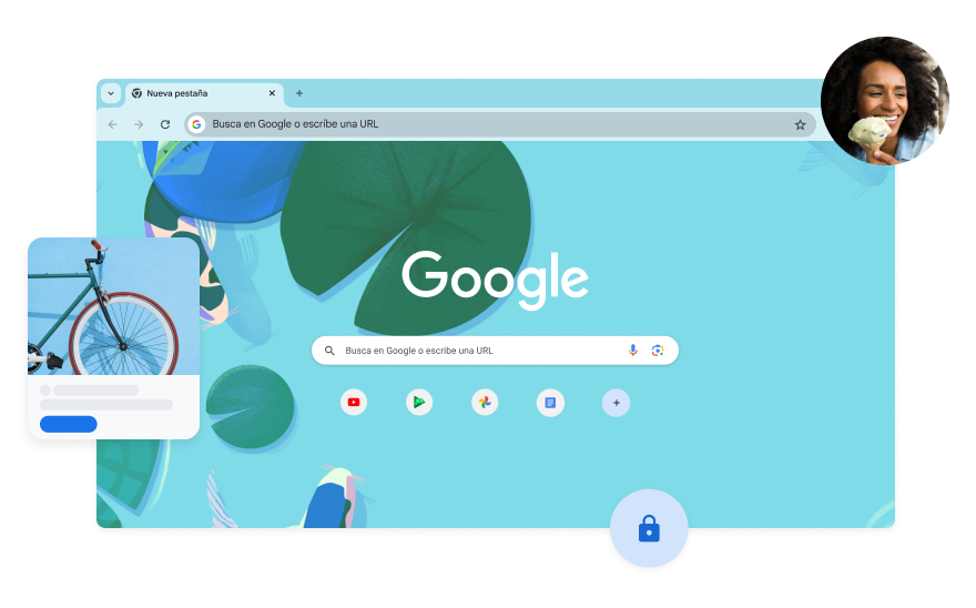 El fondo de la página de Búsqueda de Google tiene una ilustración azul de unos peces en un estanque koi. Hay una foto de una mujer en una esquina.