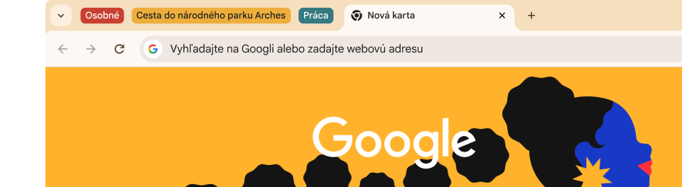 Používateľské rozhranie prehliadača s troma skupinami kariet: Osobné, Výlet do parku Arches a Práca.