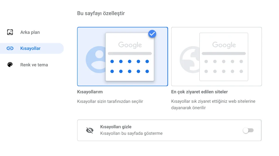 Chrome tarayıcı ayarlar penceresinde, Kısayollar iletişim kutusu gösteriliyor.