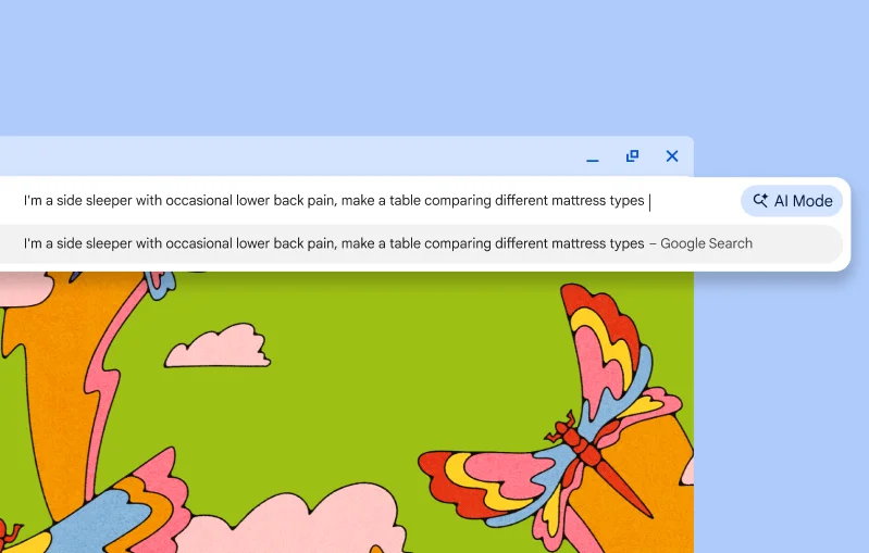In the Chrome search bar, a user asks AI Mode to create a comparison table for different mattress types.